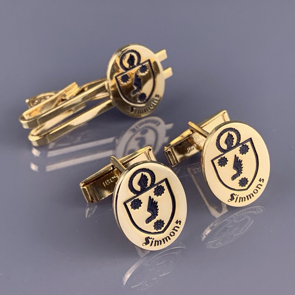 Simmons Family Crest Cufflinks Tie Clip Gold Tone Wing Rose Shield Heraldic VTG
